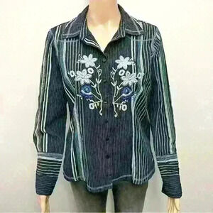 Vintage Y2K Boho Floral Embroidery Stripes Button  Down Blouse Shirt.